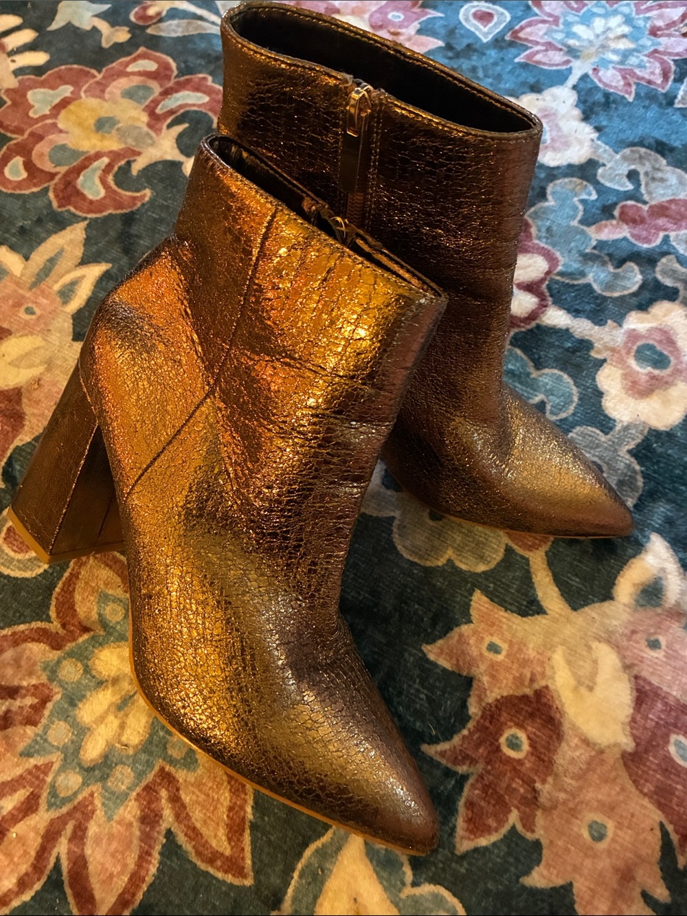 Metallic Crinkle Gold/Bronze Pointed Toe Ankle Booties 8.5